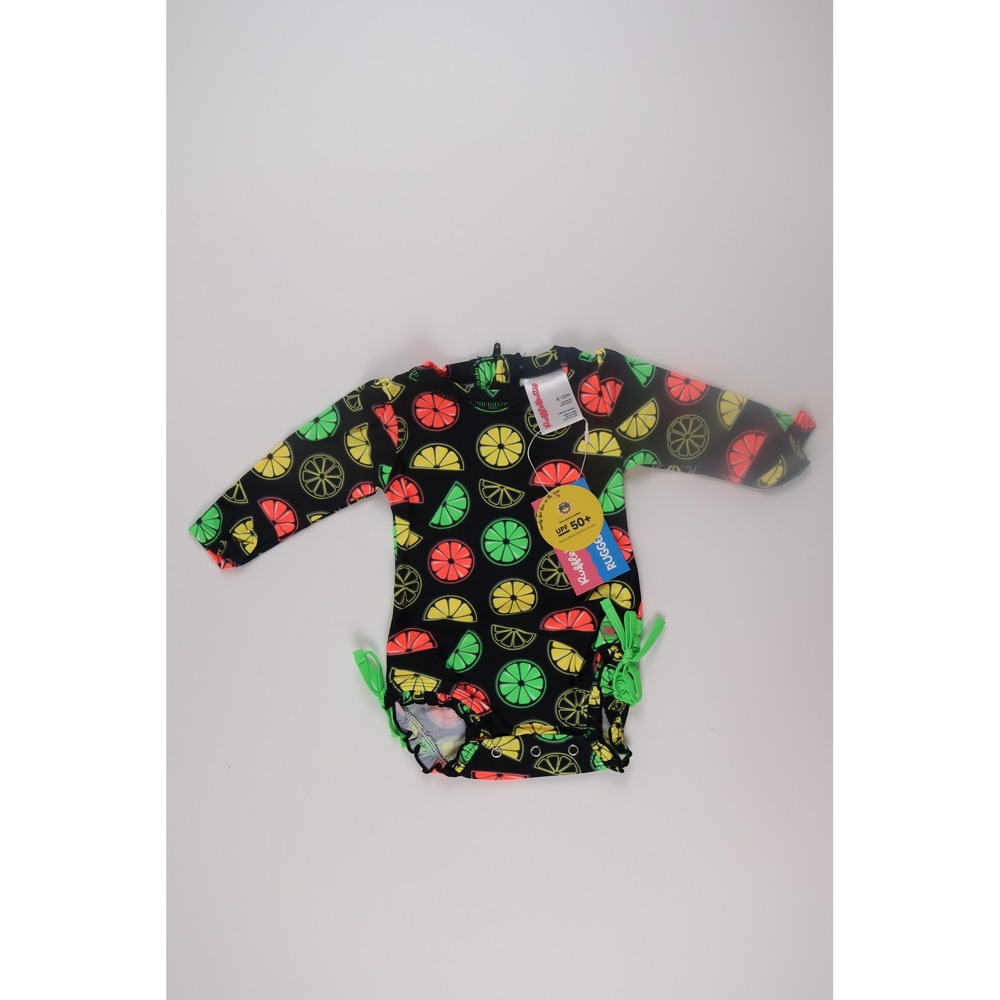 RuffleButts Rash Guard Neon Citrus One Piece 6-12M Black Summer Swimwear